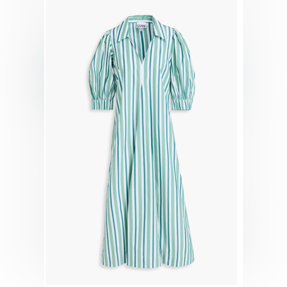 Ganni Striped Cotton Poplin Midi Shirt Dress